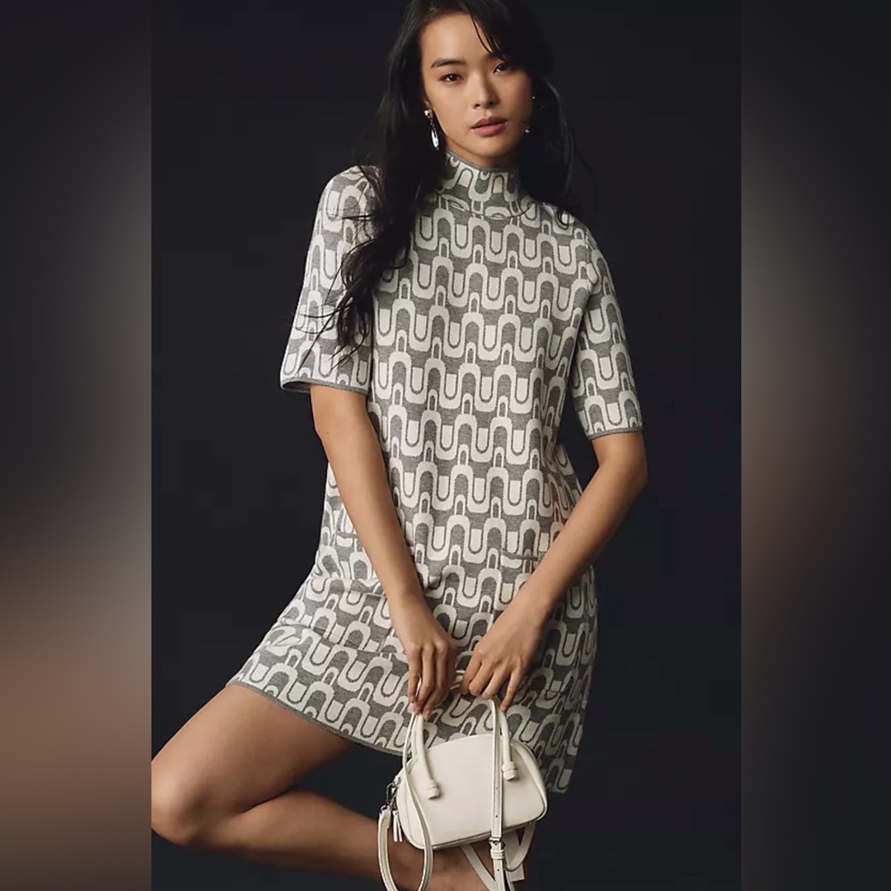 Anthropologie Gray and White Geometric Mini Dress
